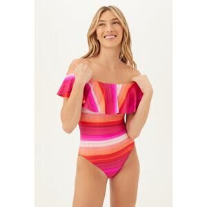 Trina Turk Solstice Off The Shoulder Ruffle One Piece Swimsuit Multi Size 14 NWT